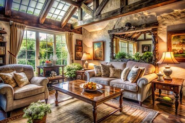 Elegant English Country House Living Room with Antique Furniture, Cozy Sofa, and Stylish Cottage Decor in Double Exposure Style Capturing Farmhouse Charm and Interior Design Elements