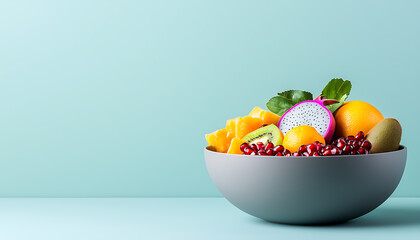 Vibrant fruit salad bowl kitchen counter food photography bright environment top-down view freshness concept