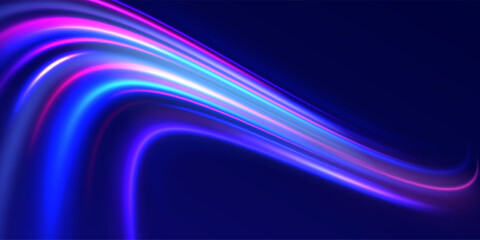 Futuristic dynamic motion technology. Png, neon, line, blur, beam, ray, abstract, energy. Neon color glowing lines background. Glowing wave swirl, impulse cable lines. High-speed light trails effect. 