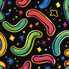 Fototapeta premium Psychedelic abstract colorful doodles forming intricate patterns on black surface
