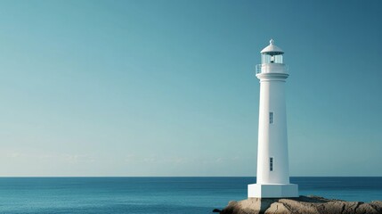 Isolated single white lighthouse standing alone against a clear blue sky and serene landscape