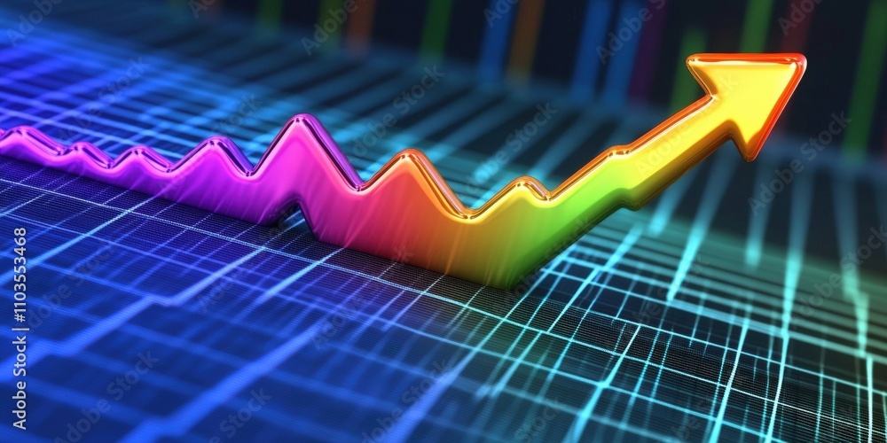 Poster vibrant rainbow arrow illustrating upward trajectory in 3d stock market graph with colorful lines an