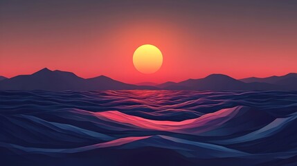 A beautiful sunset over the ocean with a large sun in the sky