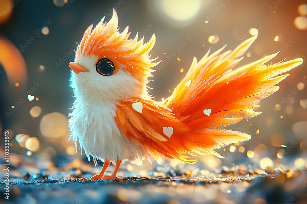 Poster a unique and fiery bird with fire feathers and heart motif in a beautiful setting.