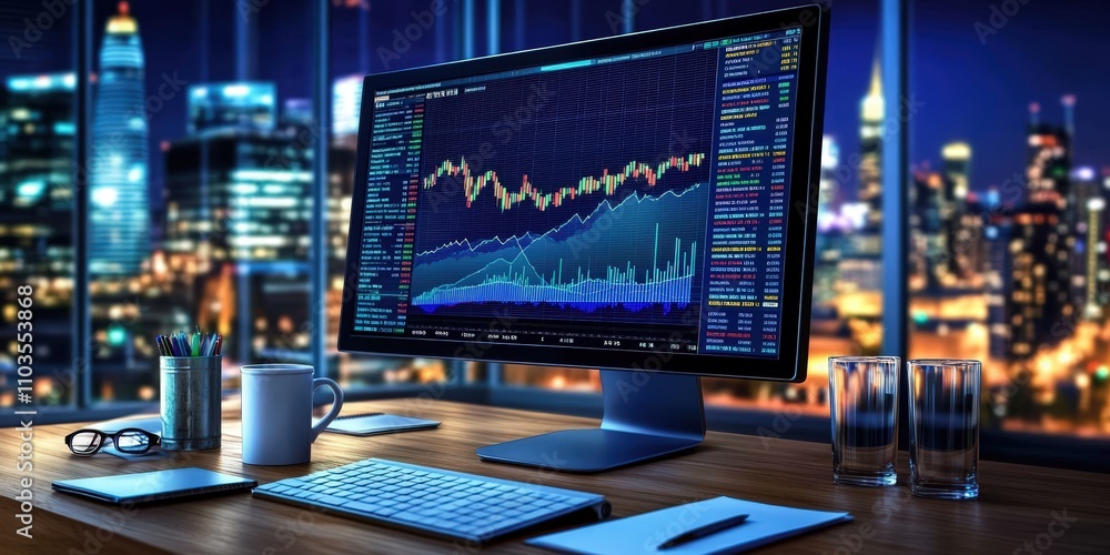 Poster financial analysis displayed on computer screen with charts and data visualization in a modern offic