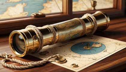 Elegant nautical spyglass on a wooden table with a vintage map and compass background highlighting exploration