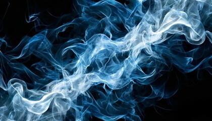 Obraz premium Vibrant blue smoke swirling against a black background creates a mesmerizing and abstract artistic effect, perfect for creative designs and digital backgrounds.