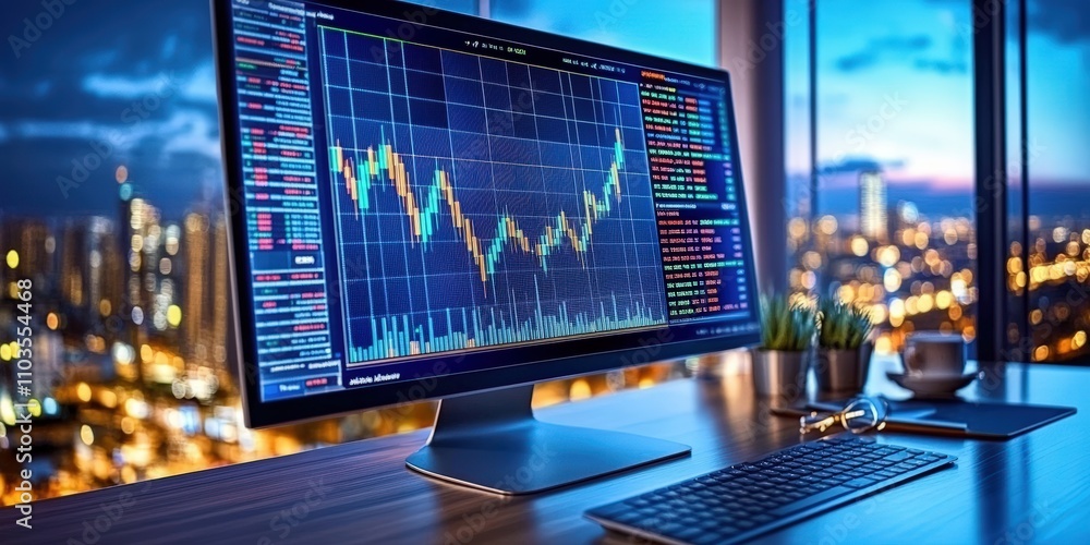 Poster modern computer screen showing stock market trends and data analysis with city view at night