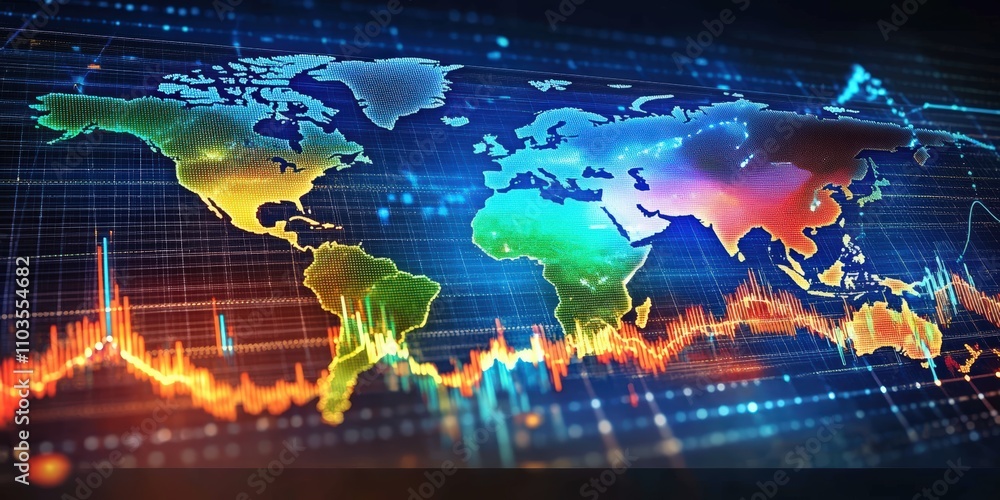 Aufkleber colorful digital world map representing global financial connections and trends with data visualizat