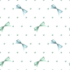 Coquette bows and beads in pastel blue and green colors. Hand drawn watercolor seamless pattern isolated on white background for festive packaging paper, textile, wrapping, fabric, scrapbooking paper.