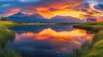 Sunset Reflections on a Tranquil Mountain Lake