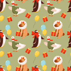 A seamless festive pattern featuring adorable penguins and geese in Christmas costumes. For gift wrap, seasonal textiles, or decorative backgrounds.