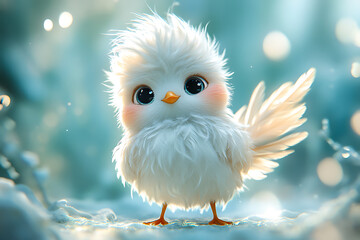 A cute white bird with big eyes stands on a soft and beautiful background.