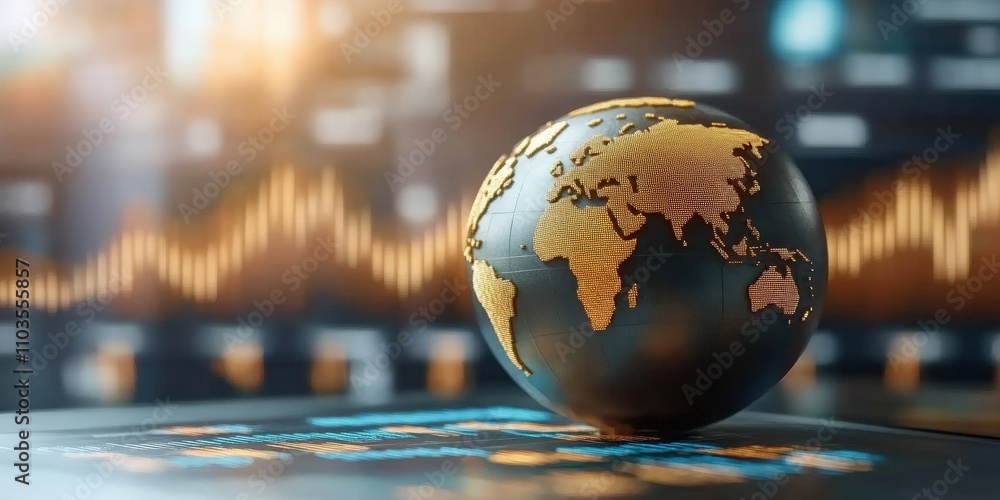 Aufkleber global stock market trends visualized with a globe representing economic data and graphs in a modern