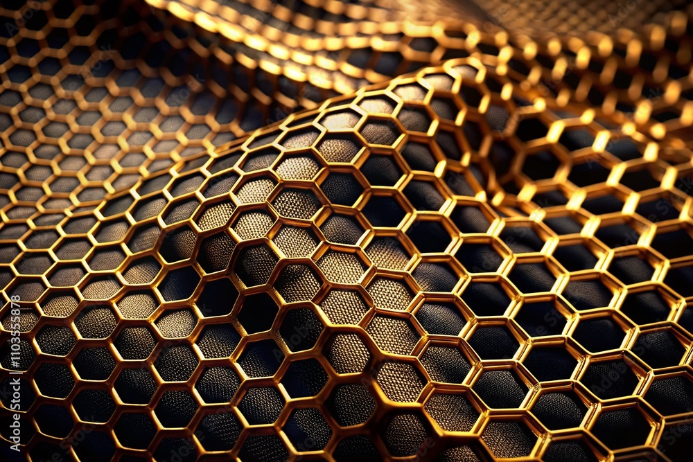 Poster elegant gold hexagon mesh pattern on a dark background for fashion photography, perfect for modern d