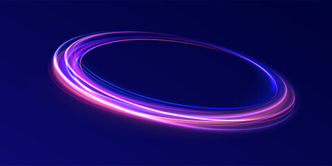Fototapeta premium Glitter neon circle ring frame & sparkle flash light shimmer vector on black background, shiny glowing round line planet curve. Png, effect, wave,neon,line, futuristic web poster card print template.