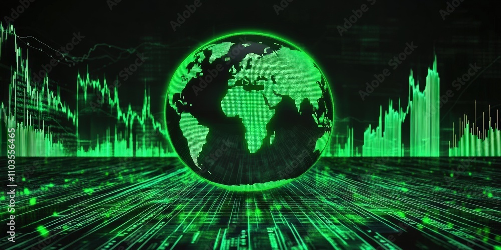 Poster glowing green globe with digital representation of global stock market data overlaying a modern back