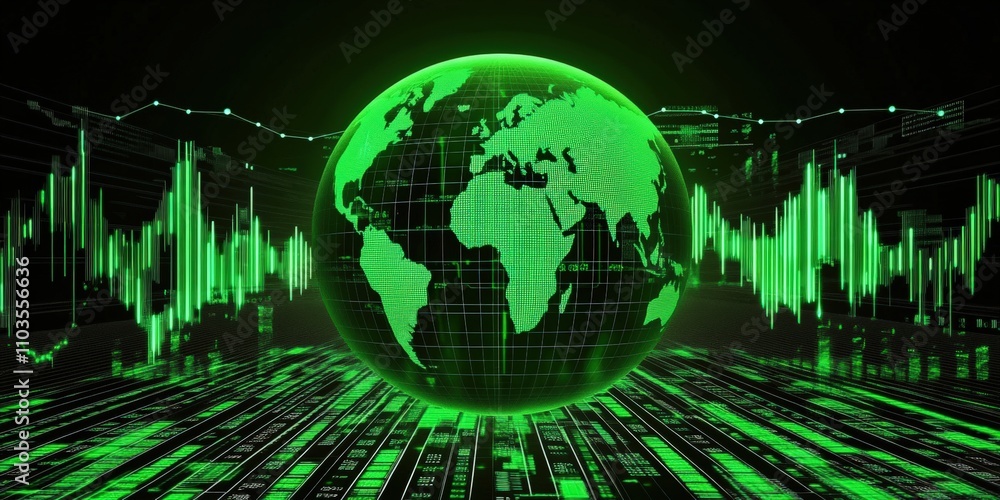 Poster glowing green globe representing global markets and stock data visualizations with financial charts 