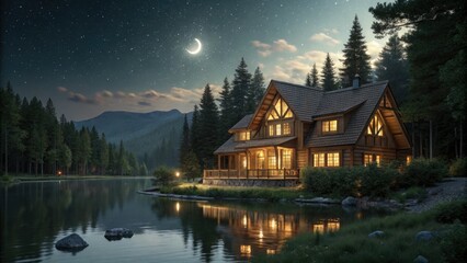 Fototapeta premium Enchanting Wooden House on a Serene Lake in the Forest at Night - Tranquil Nature Escape, Cozy Cabin, Starry Sky, and Reflections in Water