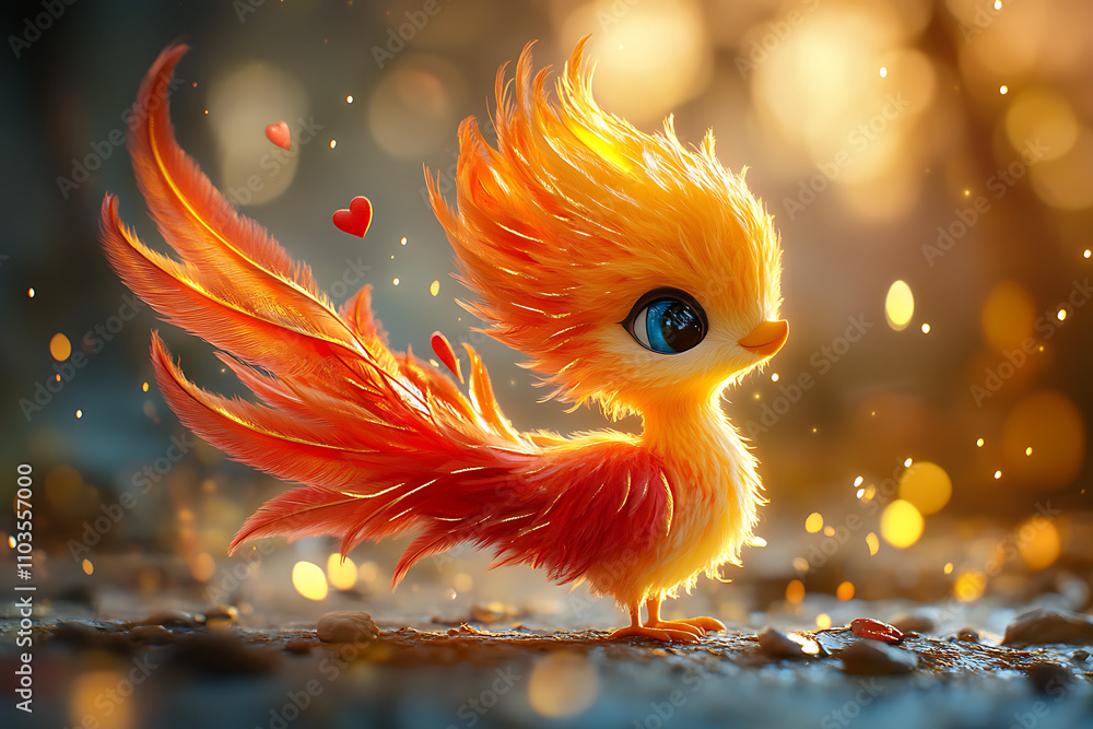 Poster a colorful and unique bird with bright red feathers and heart-shaped details.