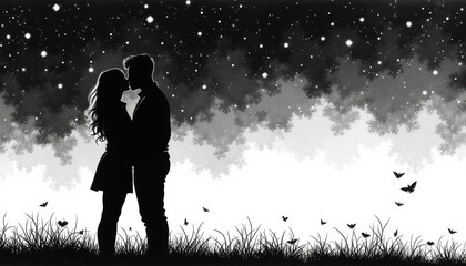 Silhouetted couple in love kissing under a starry night with butterflies and grass