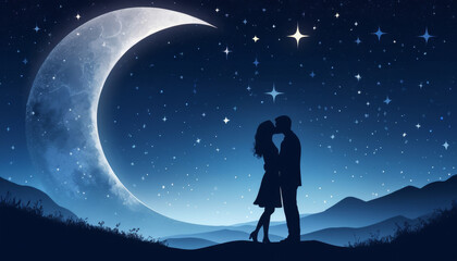 Fototapeta premium Couple in love kissing under a crescent moon and twinkling stars on a serene night