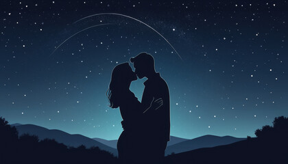 Obraz premium Couple in love embracing and kissing under a starry night sky with shooting stars