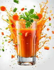 Freash carrot juice with slash and pieces. Sample for package design