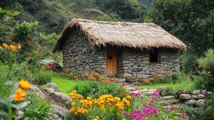 A quaint stone cottage surrounded by vibrant flowers in a lush, green landscape.