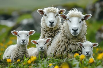 Fototapeta premium A mother sheep and her playful lambs enjoying the vibrant green grass of a sunny meadow