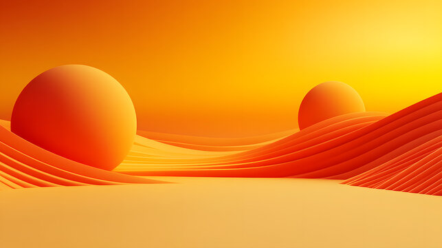 Abstract 3D render of a sun-drenched landscape with two large orange spheres nestled amongst flowing, wavy hills. The vibrant color palette creates a warm, inviting atmosphere.