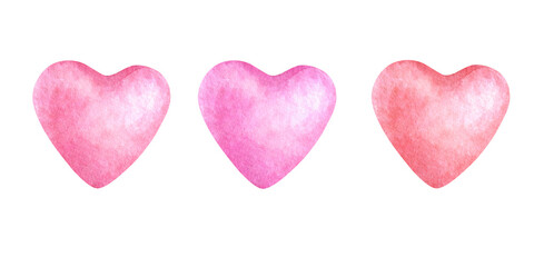 Red and pink three hearts. Hand draw watercolor illustration set bulky elements isolated from background. For romantic Valentines Day greeting card, invitation and weddings designs.