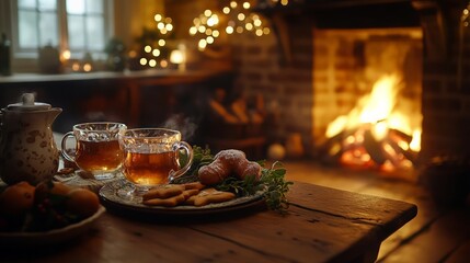 Warm tea and delicious snacks by the fireplace create a cozy winter atmosphere for gatherings and relaxation.