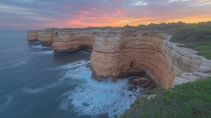 Scenic coastal cliffs at sunset with waves crashing against the rocks.