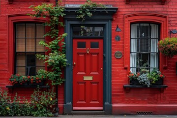 Vibrant red front door on a charming london street, a striking residential highlight in the area.