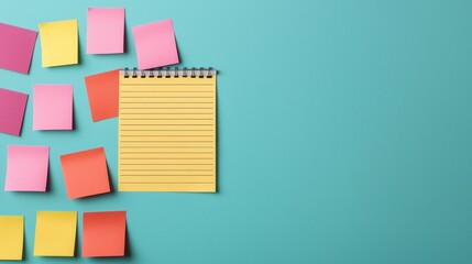 A colorful arrangement of sticky notes beside a blank notepad on a teal background, ideal for brainstorming or organizing ideas.
