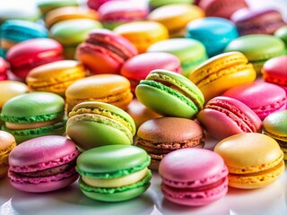 Elegant Macarons Dessert Pattern on White Background Captured in Low Light Photography for Culinary and Food Styling Use