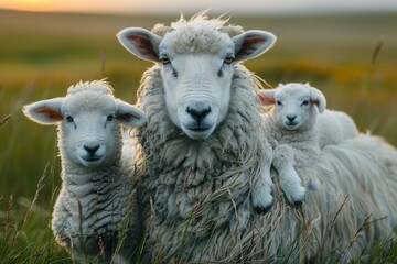 Fototapeta premium Mother sheep and her lambs grazing in a vibrant green meadow filled with lush grass