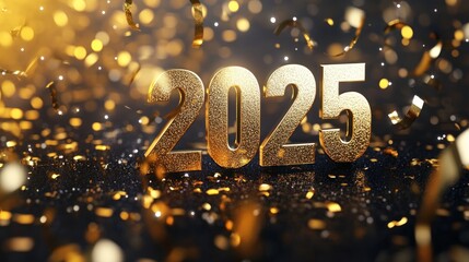 Golden 2025 numbers with confetti, celebrating the New Year.