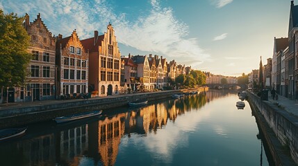 Naklejka premium Historic guild houses along the Graslei canal in Ghent, Belgium, reflecting in the calm water during a sunny golden hour afternoon.
