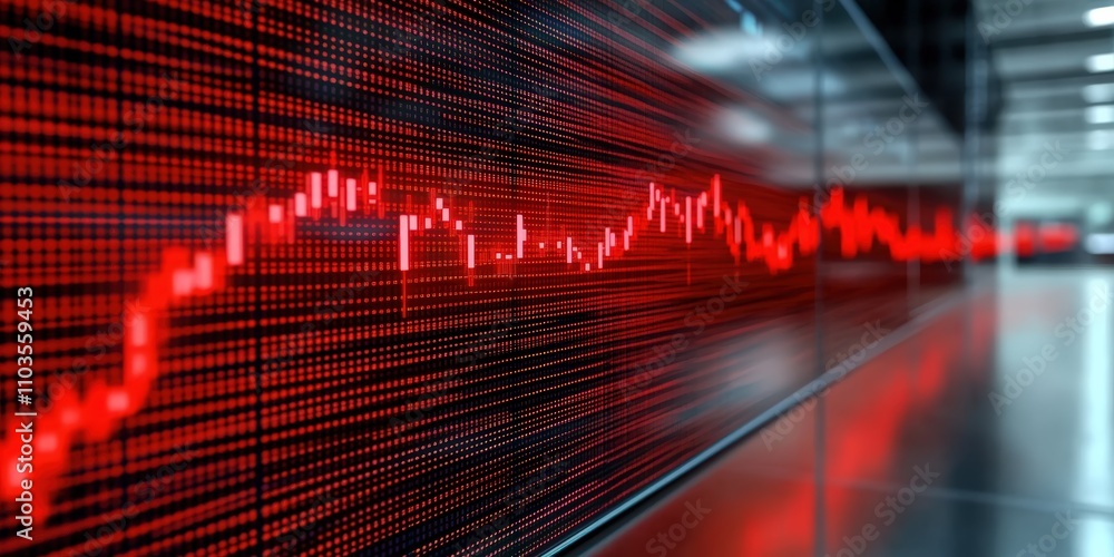 Poster red stock market graph on digital display showing fluctuation and trends with abstract background in