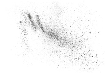 Black chalk pieces and dust flying, effect explode isolated on white, clipping path