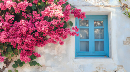 Vibrant pink bougainvillea cascading over a charming blue window in a sunlit quaint village