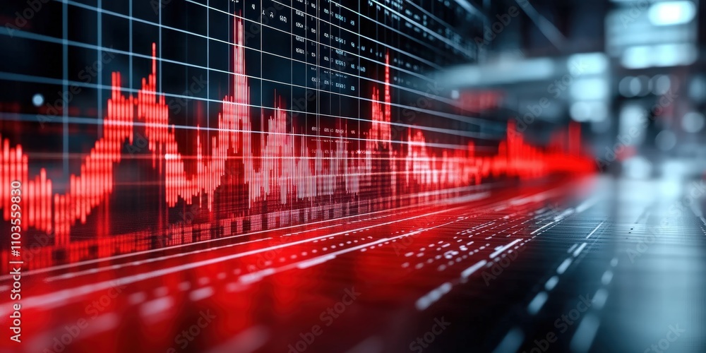 Poster dynamic red stock market graph with black grid lines creating a visual representation of financial t