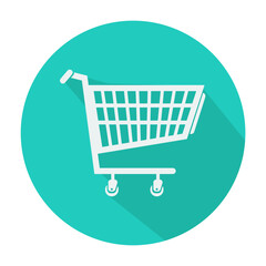 Shopping cart circle icon with long shadow. Flat design style. Shopping cart simple silhouette. Modern, minimalist, round icon in stylish colors. Web site page and mobile app design vector element