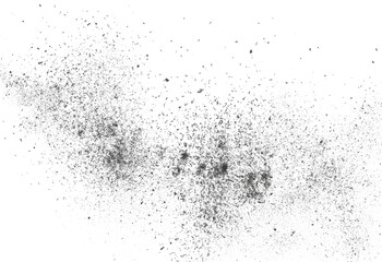 Black chalk pieces and dust flying, effect explode isolated on white, clipping path