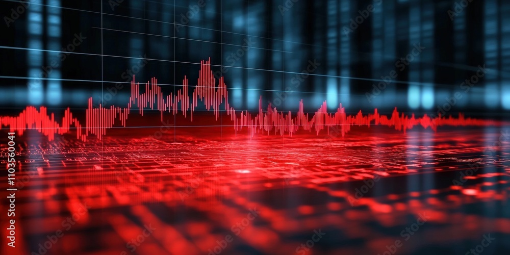 Poster dynamic red graph depicting stock market trends on a black grid background with digital lines for fi