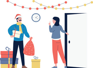 A man is holding a bag and a woman is standing in front of a door