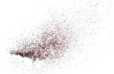 Red and black chalk pieces and dust flying, effect explode isolated on white, clipping path