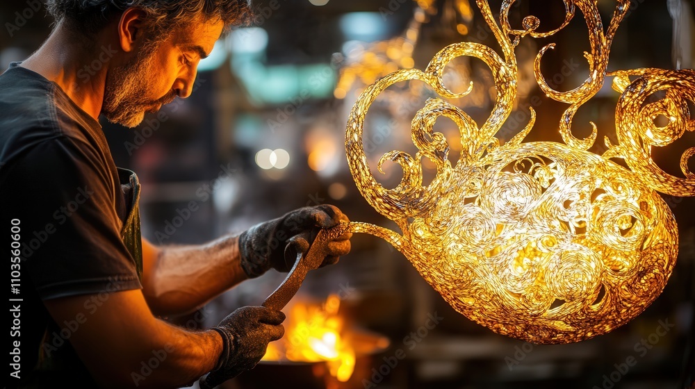 Poster a blacksmith carefully bending a piece of iron into a unique shape, preparing it for use in a custom